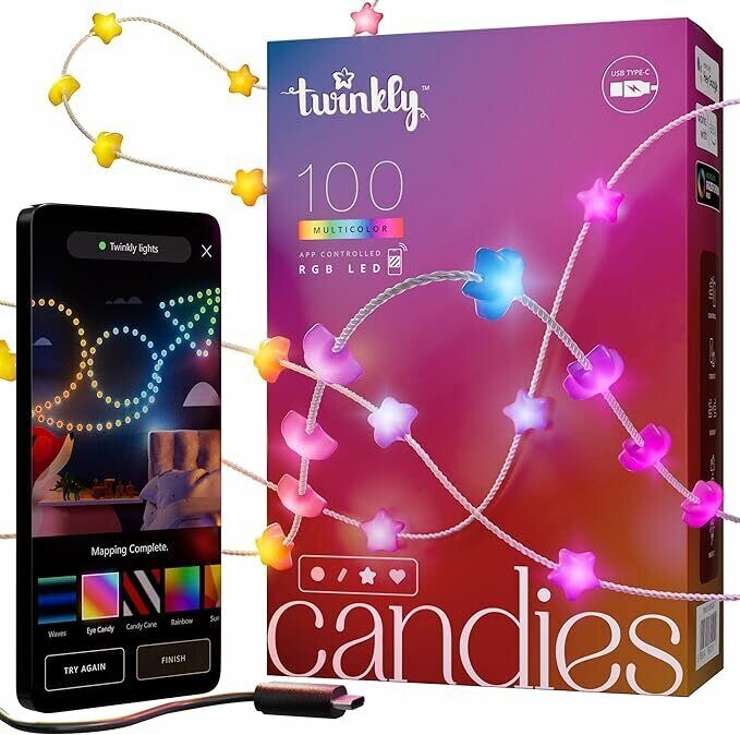 Умная гирлянда Twinkly Candies Stars RGB, в форме звезды 7мм, 100 диодов, прозрачный провод, BT+WiFi, IP20