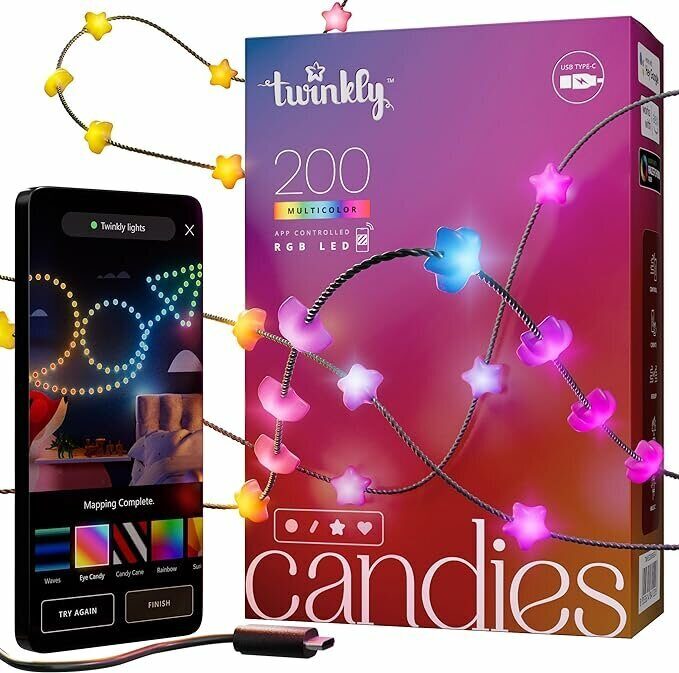 Умная гирлянда Twinkly Candies Stars RGB, в форме звезды 7мм, 200 диодов, зеленый провод, BT+WiFi, IP20