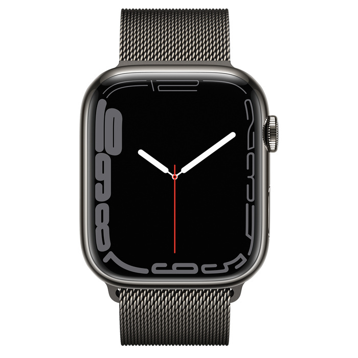 Apple Watch Series 7, 45 мм, корпус из нержавеющей стали графитового цвета , миланский сетчатый браслет графитового цвета (GPS+ Cellular) (Уцененные)