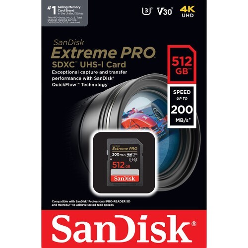 Карта памяти Sandisk SD Extreme Pro U3 4K V30 R200 W90 512GB