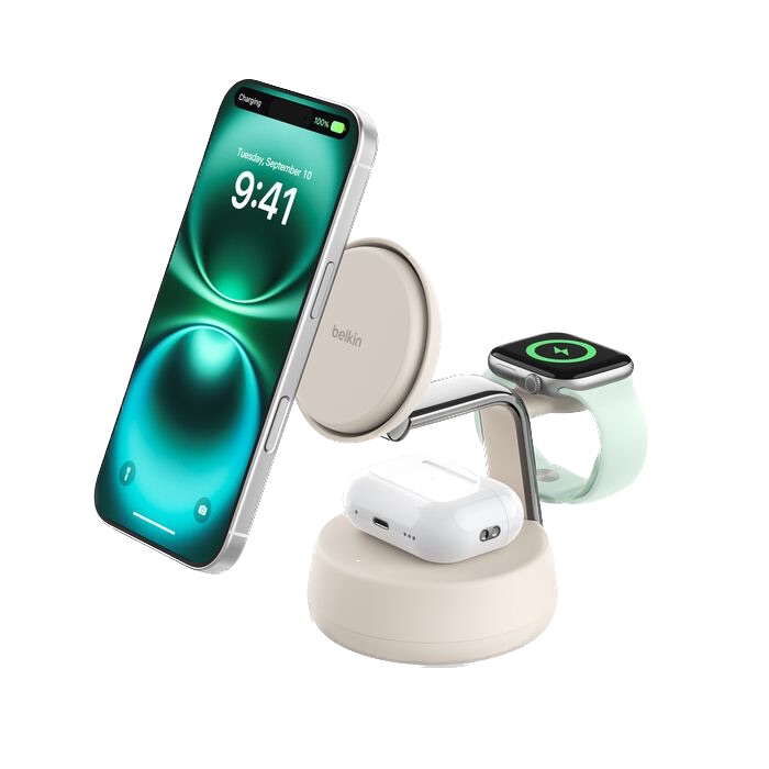 Беспроводное зарядное устройство Belkin Ultracharge Pro Qi2 25W 3-in-1 Magnetic Charging Stand Бежевый