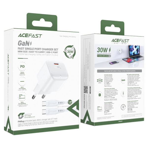 Сетевое зарядное устройство ACEFAST A77 mini PD30W GaN USB-C с кабелем (USB-C-USB-C) White