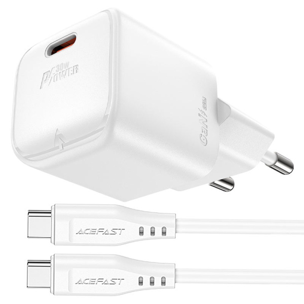 Сетевое зарядное устройство ACEFAST A77 mini PD30W GaN USB-C с кабелем (USB-C-USB-C) White