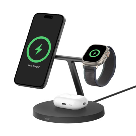 Беспроводное зарядное устройство Belkin BoostCharge Pro 15W 3-in-1 Wireless Charging Stand with Qi2 Черный
