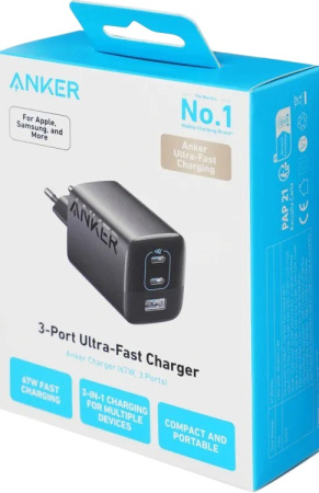 Сетевое зарядное устройство Anker 336 67W 2хUSB-C + USB Black
