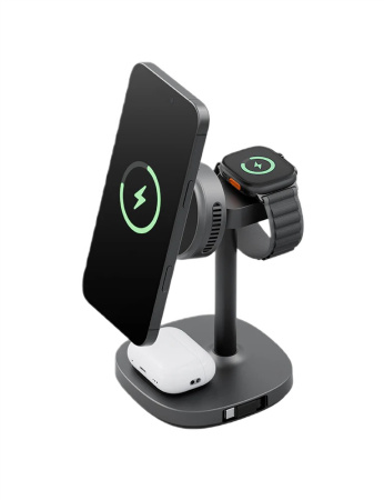 Беспроводное зарядное устройство EnergEA MagArctic Stand 4in1 Thermo Cool Qi2 iP+AW+TWS+USB-C cable +65W charger Gunmetal