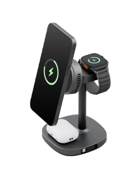 Беспроводное зарядное устройство EnergEA MagArctic Stand 4in1 Thermo Cool Qi2 iP+AW+TWS+USB-C cable +65W charger Gunmetal