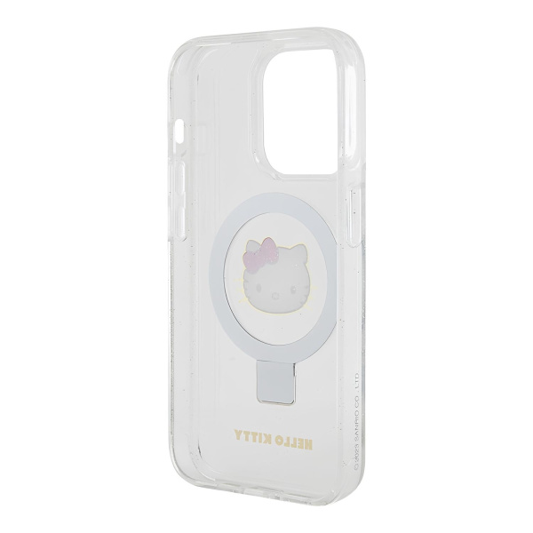 Чехол Hello Kitty для iPhone 15 Pro MagSafe Kitty Head + Ring Stand Hard Glitter Transparent