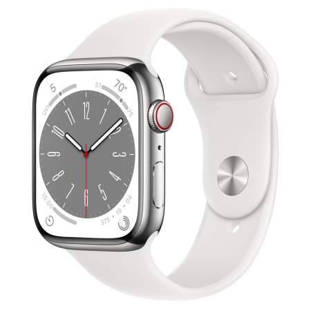 Apple Watch Series 8 45mm Silver Stainless Steel Case with White Sport Band (GPS+Cellular)