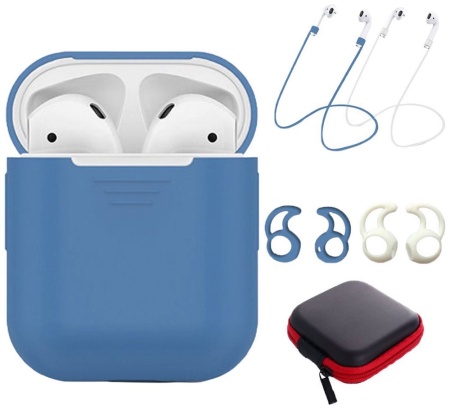 Силиконовый чехол Yuping Protective Case для AirPods и 2 Anti-lost Strap 2 Pairs of Ear Hook и чехол для аксессуаров Blue