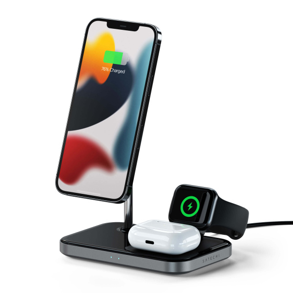 Беспроводное зарядное устройство-подставка Satechi Magnetic 3-in-1 Wireless Charging Stand серый космос ST-WMCS3M