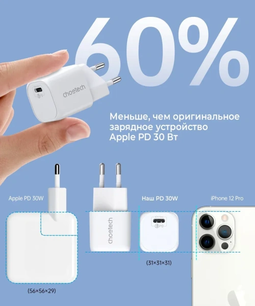 Сетевое зарядное устройство Choetech GAN 30Вт (USB-С) PD Travel