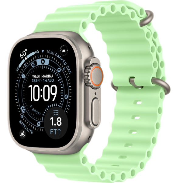 Apple Watch Ultra 3 (2025) 49mm Natural Titanium Case with Neon Green Ocean Band (GPS + Cellular)