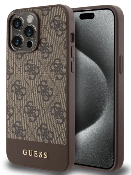 Чехол Guess для iPhone 15 Pro Max 4G Bottom stripe Metal logo Hard Brown