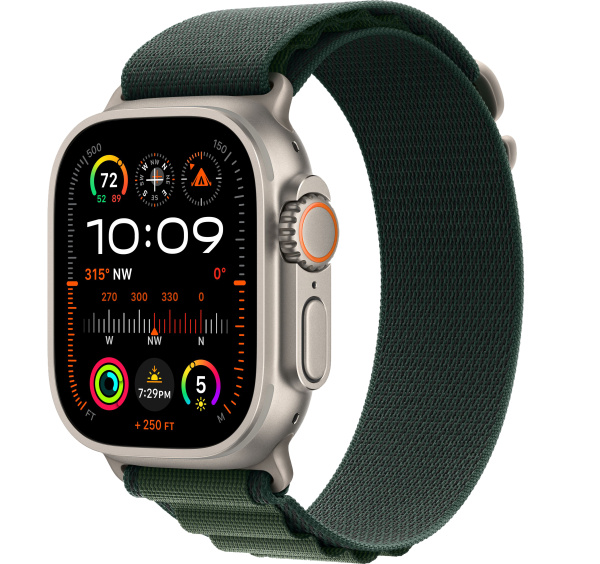 Apple Watch Ultra 2 (2024) 49mm Natural Titanium Case with Dark Green Alpine Loop Band - Small (GPS + Cellular)