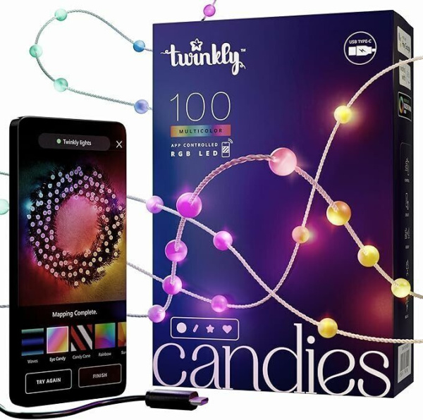 Умная гирлянда Twinkly Candies Pearls RGB, в форме шара 8мм, 100 диодов, прозрачный провод, BT+WiFi, IP20