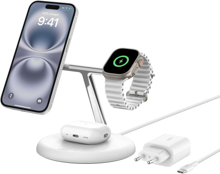 Беспроводная зарядная станция 3-в-1 Belkin BOOST CHARGE PRO MagSafe Qi2 15W White (Вскрыта упаковка)
