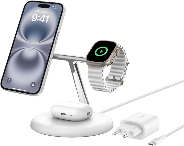 Беспроводная зарядная станция 3-в-1 Belkin BOOST CHARGE PRO MagSafe Qi2 15W White (Вскрыта упаковка)