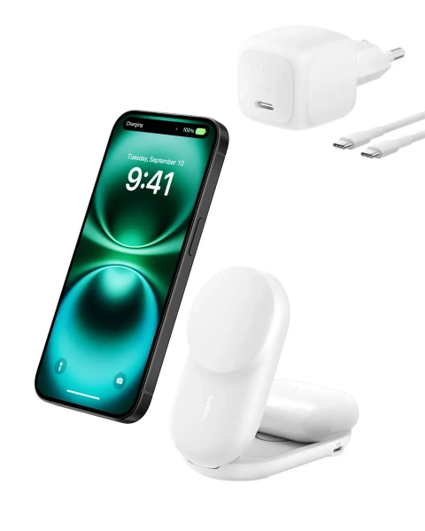 Беспроводное зарядное устройство Belkin UltraCharge 2-in-1 Foldable Magnetic 25W Qi2 Wireless charger (Round) Белый