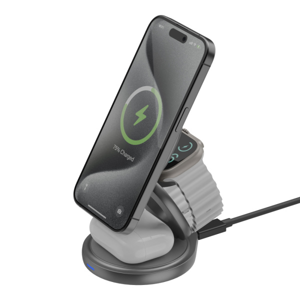 Беспроводное зарядное устройство EnergEA Bazic GoMag GYRE 3-in-1 magnetic foldable 360 rotating 15W Gunmetal