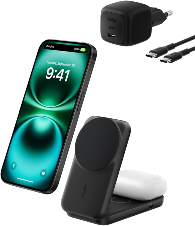 Беспроводное зарядное устройство Belkin UltraCharge 2-in-1 Foldable Magnetic 25W Qi2 Wireless charger (Round) Черный