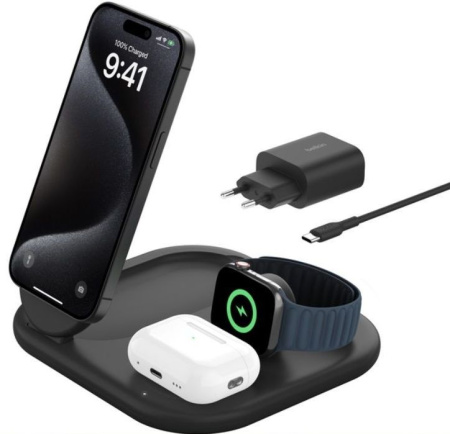 Беспроводная зарядная станция Belkin 3-в-1 Magnetic Foldable Wireless Charger with Qi2 15W Black