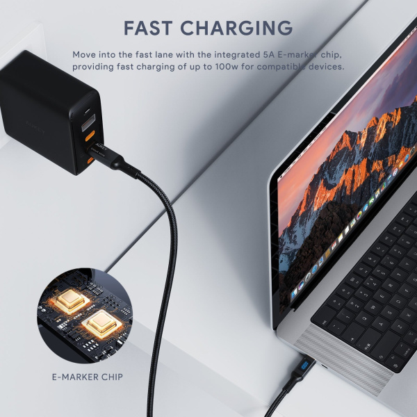 Кабель Aukey Circlet Blink 100W Nylon Braided with LCD Display USB-C to USB-C 1m Black