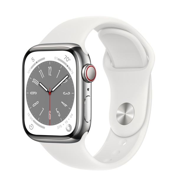 Apple Watch Series 8 41mm Silver Stainless Steel Case with White Sport Band (GPS+Cellular)