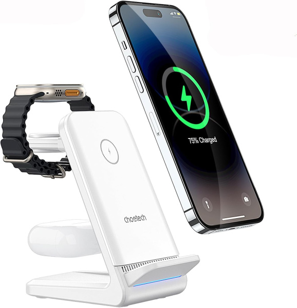 Беспроводная зарядная док-станция Choetech 3-в-1 Stand 15W White