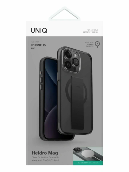Защитный чехол Uniq Heldro Mount MagSafe с ремешком для iPhone 15 Pro Smoke