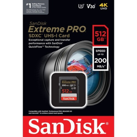 Карта памяти Sandisk SD Extreme Pro U3 4K V30 R200 W90 512GB