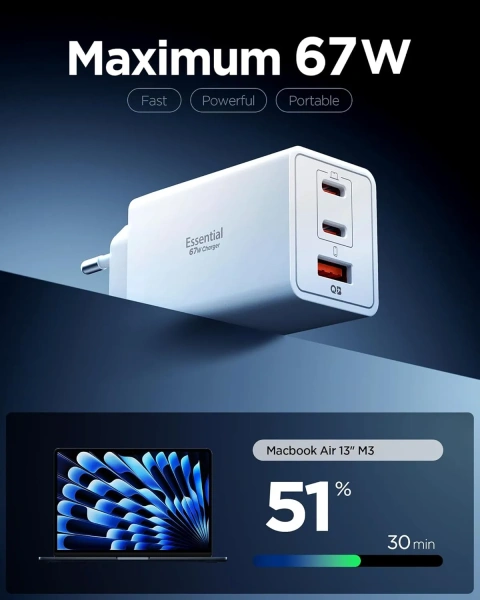 Блок питания Spigen EE673EU Essential 3-PORT CHARGER 67W White