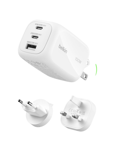 Сетевое зарядное устройство Belkin 3-Port 100W GAN Wall Charger 2xUSB-C USB-A With Travel White