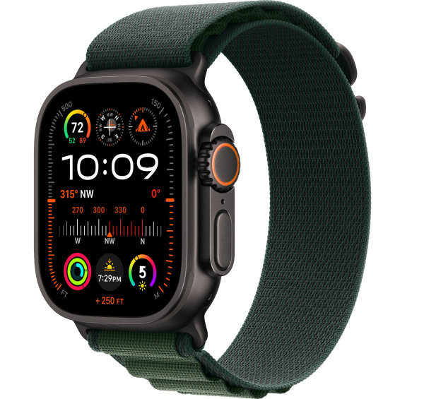 Apple Watch Ultra 2 (2024) 49mm Black Titanium Case with Dark Green Alpine Loop Band - Small (GPS + Cellular)