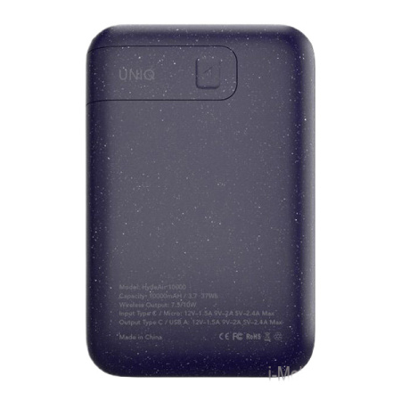 Внешний аккумулятор Uniq HYDEAIR 10000W Wireless 7.5/10W, USB-C PD 18W Indigo