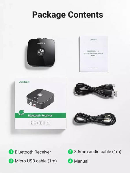 Ресивер UGREEN CM123 (30445) Wireless Bluetooth Audio Receiver 5.0 with 3.5mm and 2RCA Adapter with SRRC