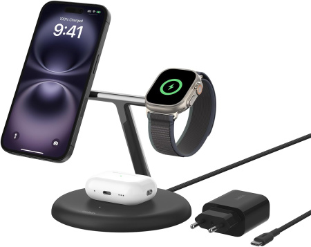 Беспроводное зарядное устройство Belkin BoostCharge Pro 15W 3-in-1 Wireless Charging Stand with Qi2 Черный