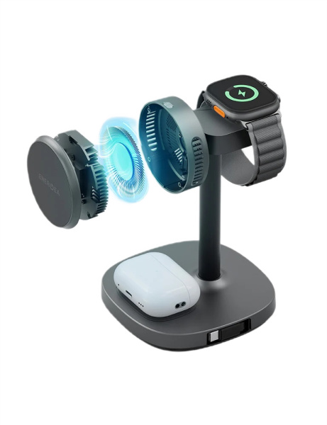 Беспроводное зарядное устройство EnergEA MagArctic Stand 4in1 Thermo Cool Qi2 iP+AW+TWS+USB-C cable +65W charger Gunmetal