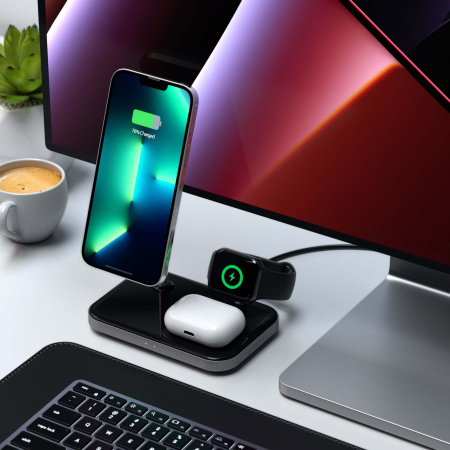 Беспроводное зарядное устройство-подставка Satechi Magnetic 3-in-1 Wireless Charging Stand серый космос ST-WMCS3M