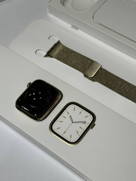 Apple Watch Series 7, 45 мм, корпус из нержавеющей стали золотого цвета , миланский сетчатый браслет золотого цвета (GPS+ Cellular) Б/У