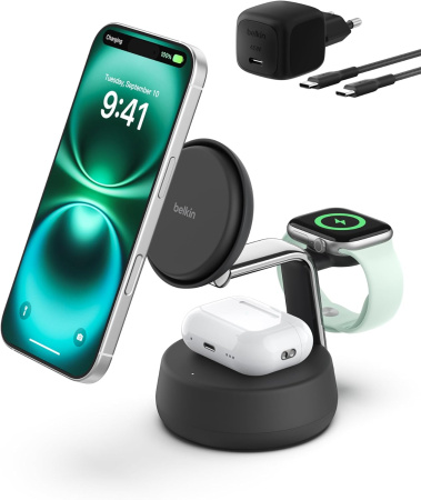 Беспроводное зарядное устройство Belkin Ultracharge Pro Qi2 25W 3-in-1 Magnetic Charging Stand Черный