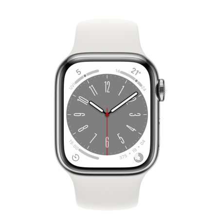 Apple Watch Series 8 45mm Silver Stainless Steel Case with White Sport Band (GPS+Cellular)