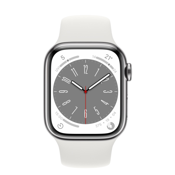 Apple Watch Series 8 41mm Silver Stainless Steel Case with White Sport Band (GPS+Cellular)